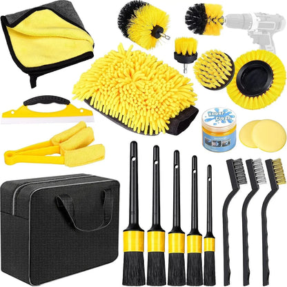 Kit de Limpìeza para Coche 20 Piezas - Cepillos para Taladro, Bolsa de Transporte y Accesorios Profesionales